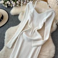 Vestido Largo De Mujer Con Cuello En V Y Manga Larga Blanco Elegante Con Cierre De Lazos Estilo Callejero Alta Moda Para Otoño Y Playa - details 5