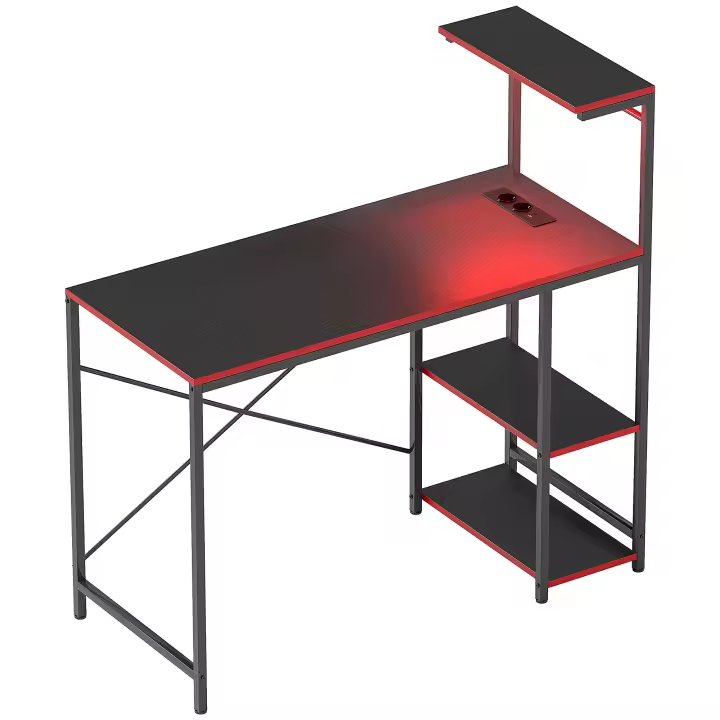 HOMCOM Mesa Gaming con Luces LED 110x50 cm Escritorio Gaming de Fibra de Carbono Mesa Gamer con Tomas de Corriente Estantes y Control Remoto para Oficina Estudio Negro - 1