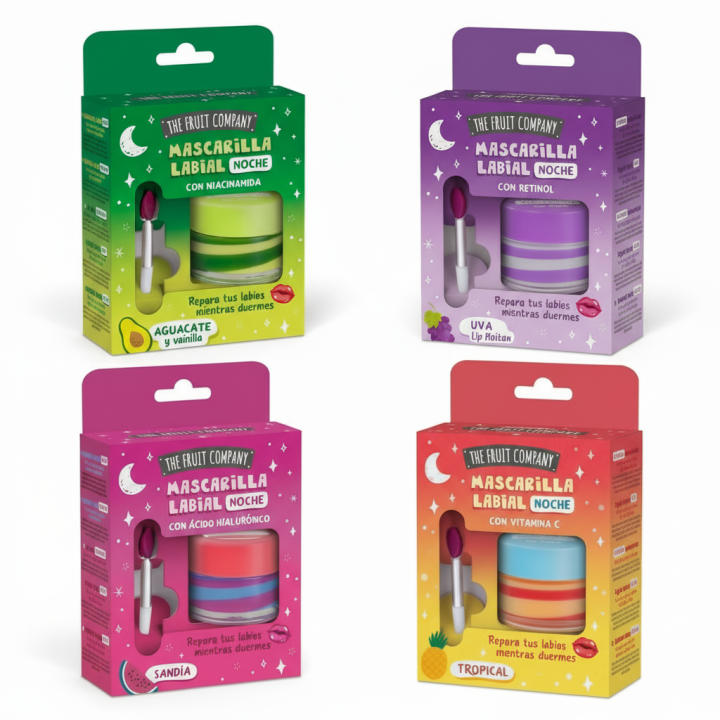 Mascarilla labial noche The Fruit Company, tratamiento reparador con activos como niacinamida, retinol, ácido hialurónico o vitamina C según versión. Hidrata y nutre mientras duermes. Incluye aplicador. 🚚 Envíos a España 24/48 horas.