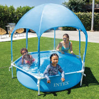 INTEX - Piscina desmontable hexagonal, Metal Frame, Ø183x38 cm, 700 l, 10 min montaje, incluye toldo desmontable UPF 50+ con spray de agua, depuradora, cobertor, tapiz, escalera, a partir de 3 años - details 1