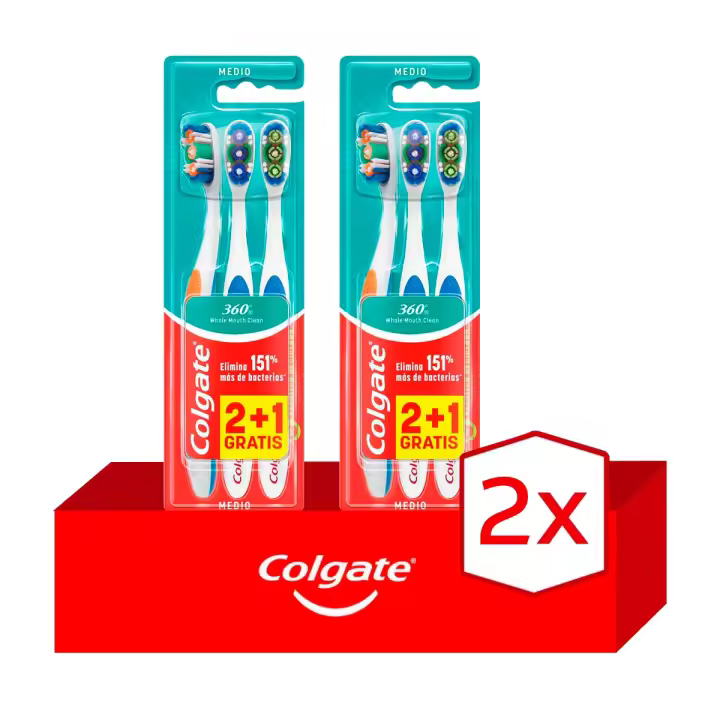 Pack 2 unidades. Cepillo de dientes Colgate 360º Whole Mouth Clean medio 3uds - 1