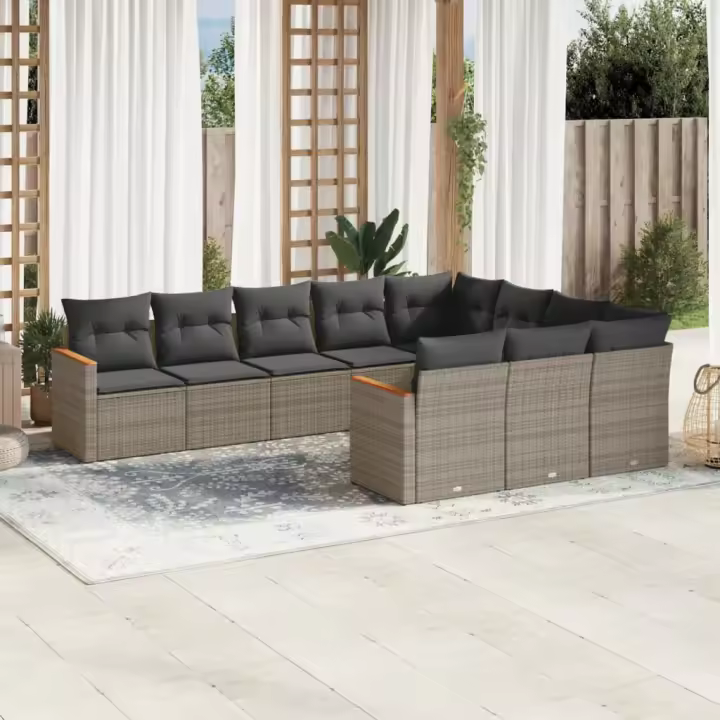 vidaXL Set de sofás de jardín 10 pzas con cojines ratán sintético gris - 1