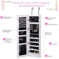 HOMCOM Espejo Joyero Colgante de Pared o Puerta con LED 5 Estantes 2 Cajones Pequeños Espejo Armario Montado con Cerradura 37x120x10cm - details 3
