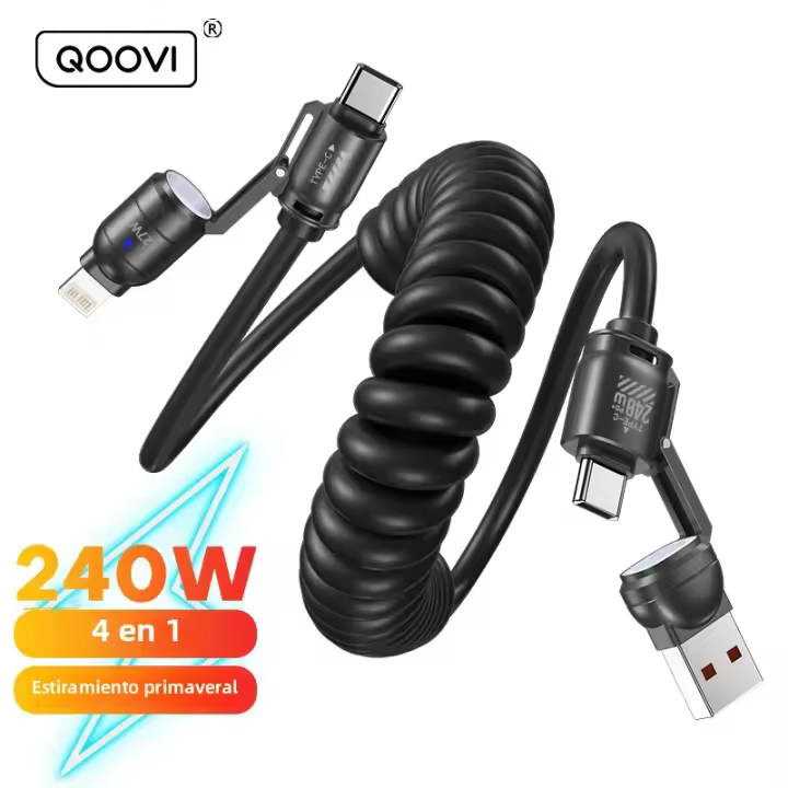 Cable USB Tipo C QOOVI 240W 4-en-1 Retráctil Super Carga Rápida Para iPhone 16 14 Laptop Samsung Xiaomi Con LED Y Transferencia De Datos Hasta 480Mbps - 1