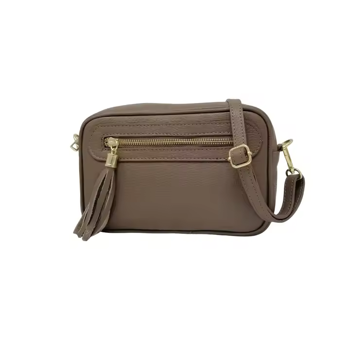 Bolso de HOMBRO mujer de cuero Genuino, bandoleras Mujer pequeñas, ajustable Y 2 bolsos con Cremallera, Italian artesania JOY Taupe - 1