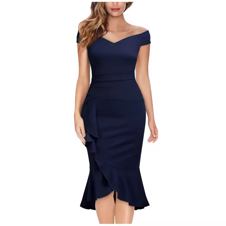 Vestido Elegante Para Mujer De Encaje Con Volante Y Cintura Ajustada Vestido De Fiesta Con Hombros Descubiertos Y Abertura En La Pierna Vestido Midi Clásico Con Acolchado - 1
