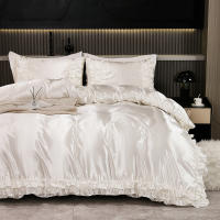 Set De Edredón Satinado 3PCS Colores Blanco Khaki Y Rosa Seda Suave Con Volantes Estilo Moderno Para Cama Conjunto De Ropa De Cama - details 2