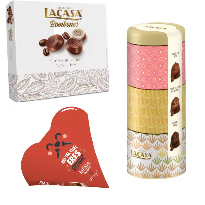 Pack Lacasa bombones corazón mr wonderfull 60G & bombones surtido lata 180 G & bombones café con leche 200 g - 1