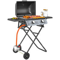 Outsunny Barbacoa de Gas con 2 Quemadores de Acero Inoxidable 2,8 KW Barbacoa Portátil con Mesas Laterales Plegables Bandeja Extraíble Termómetro y 2 Ruedas para Pícnic Camping 101x50x102 cm Negro - details 0