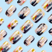 24pcs/set Uñas Postizas Largas Medias Falsas De Cuadrado Ballet Con Flores Y Mariposa Azul Verde Para La Temporada De Primavera Y Verano - details 5