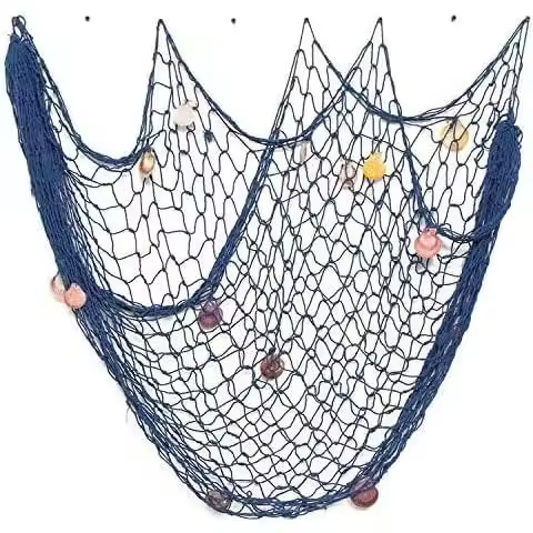 Decoración de pared con red de pesca, estilo náutico, mediterráneo, oceánico, con marco colgante y conchas para fiestas, hogar, sala de estar, dormitorio. - 1