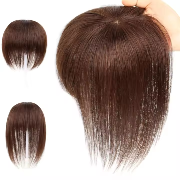100% Remy - Peluca de cabello humano con flequillo prolijo para mujer, 12 x 12 cm, base de red de encaje transpirable, diadema trenzada, extensiones de cabello castaño claro, cabello largo (tamaño: 11,8 pulgadas) - 1