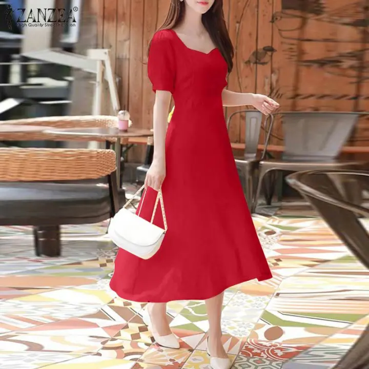 ZANZEA Vestido Elegante De Fiesta Vintage Para Mujer Con Manga Puff Corta Silueta A-line Midi Vestido De Boda De Verano - 1