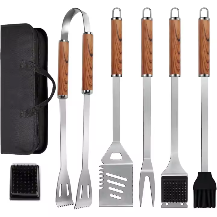 Juego de Instrumentos para barbacoa 7 en 1, juego de Instrumentos para Parrilla de Maple inoxidable extra Gruese con Bolsa de almacenamiento, juego completo de utensilios para barbacoa al aire libre de primera calidad - 1