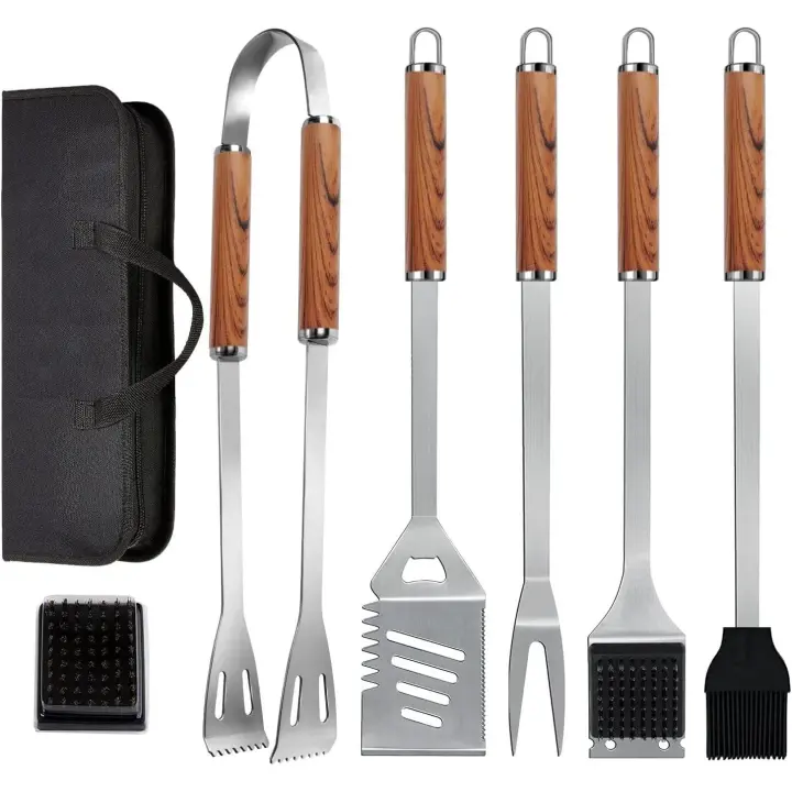 Juego de Instrumentos para barbacoa 7 en 1, juego de Instrumentos para Parrilla de Maple inoxidable extra Gruese con Bolsa de almacenamiento, juego completo de utensilios para barbacoa al aire libre de primera calidad - 1