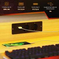 HOMCOM Mesa Gaming con Luces LED 100x60 cm Escritorio Gaming Mesa Gamer con Tomas de Corriente Soporte para Monitor Estantes y Control Remoto para Oficina Estudio Natural - details 4