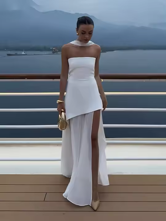 Vestido Sin Mangas De Moda Para Mujer Verano 2025 Con Cinta Y Patchwork Elegante Vestido De Malla Con Abertura Vestido Largo Para Playa - 1