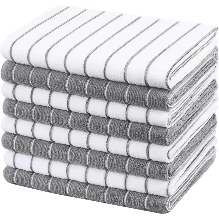 8 Paños de cocina de microfibra-Paños de Cocina suave y Súper absorbentes-Diseño de Rayas, 45x65 cm, gris y Blanco - 1