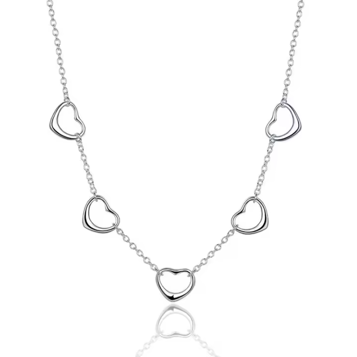 925 Sterling Silver Five Heart Chain Necklace for Women Jewelry - 1
