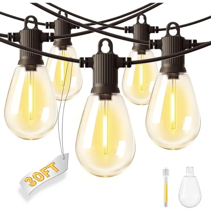 Guirnalda LED Exterior IP65 30FT/9M - 10 Bombillas S14 + 1 Repuestos, Conectable hasta 84 Unidades - Impermeable para Jardín, Bodas, Terrazas y Eventos Nocturnos, 2700K - 1
