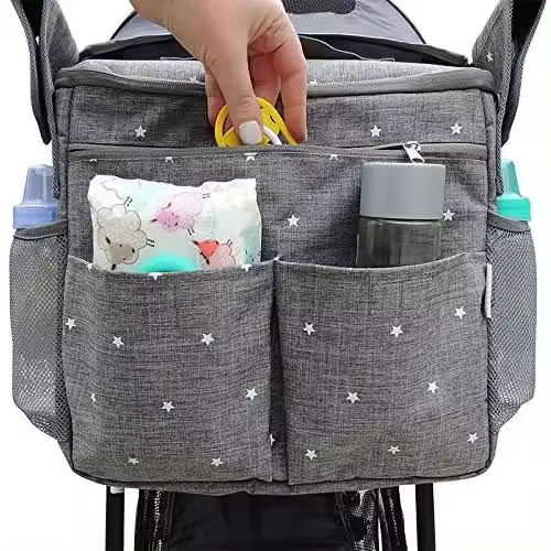 Mochara múltiple, de Mamá Bolsa, Bolsa de almacenamiento portátil para cochecito de Bebe, cinturón antideslizante, cochecito de Bebe con portavesso, cochecito de Bebe, Bolsa para teléfono móvil, accesorios para el cochecito de mascotas (Gris Claro) - 1