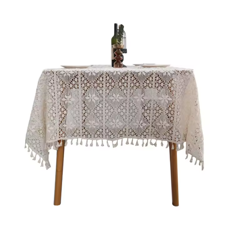 SOMY Mantel estilo pastoral en hilo de algodón de ganchillo, pompones huecos, beige - Manteles 140x160cm - 1