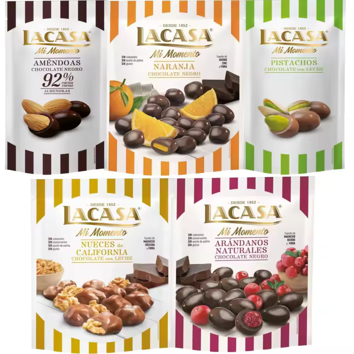 Lacasa Mi Momento pack de 5:Pistacho Chocolate Leche ,Almendra 92% ,Arándano Chocolate Negro ,Nueces Chocolate Leche,Naranja Chocolate Negro - 1