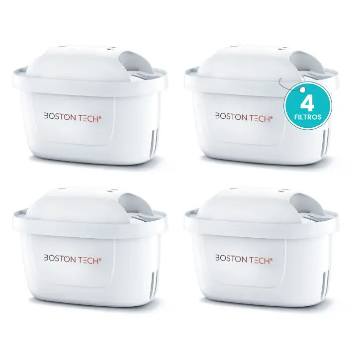 Filtro de Agua Boston Tech Hydro Pure+ Pack 4 Cartuchos Filtrantes - Reducción de Cal y Cloro - Agua Más Limpia y Saludable - 1