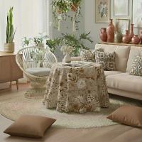 LaFábricadelasTelas - Falda o ropa de Mesa Camilla Redonda flores algodón color rojo-teja, gris-azul-marrón. Primavera Verano Loneta estampada flores algodón. Faldón Faldilla enagüilla - details 10