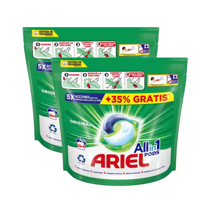Pack de ARIEL All-in-1: 2 Cajas de Detergente con 26+9 Pods (Total: 70 Lavados) - Diseño del Envase Variable - 1