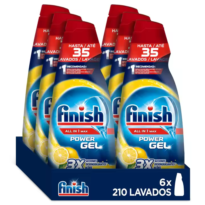 Finish 【Pack Ahorro】 All in 1 Max Power Gel Limón 210 Lavados Desengrasante Lavavajillas Pack 6x35 lavados - 1