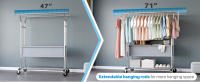 Perchero con ruedas de alta resistencia, doble barra para ropa, soporta hasta 283 kg, diseño industrial, perchero con estante y cesta para la ropa, longitud y altura extensibles - details 3