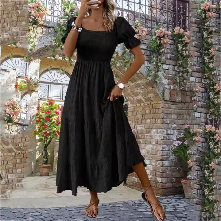 Wefads Vestido Midi Mujer Verano 2025 Collar Cuadrado Manga Corta Estilo Casual Poliéster Silueta Ajustada Y Flare - 1