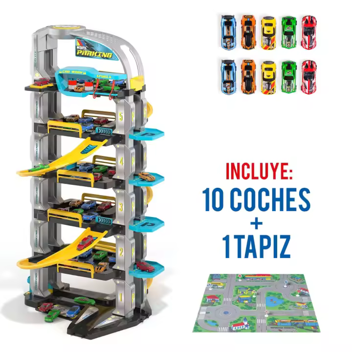MOLTO Parking de juguete "Future" 6 plantas con 10 coches + Tapiz - 1