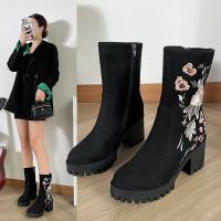 Botas De Tobillo Para Mujer Con Bordado De Flores Y Rhinestone Cuadrado De Moda Invierno Botines Con Cierre De Cremallera Zapatos Retro - details 1