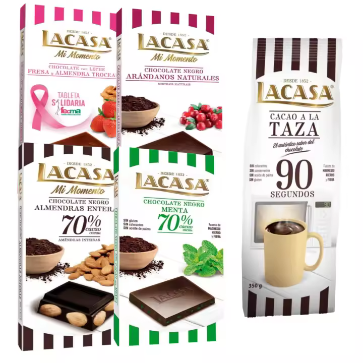Lacasa pack de 5 tabletas de chocolate de diferentes sabores:taza 350g, arándanos , leche fresa y almendra , menta , almendra 200g - 1