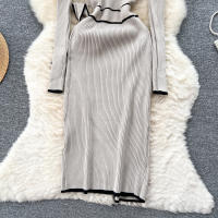 YuooMuoo Vestido Bodycon De Punto Elegante En Caqui Y Negro Para Mujer Estilo Lady Oficina Ajustado Con Cinta Y Abertura Al Final De Otoño E Invierno - details 6