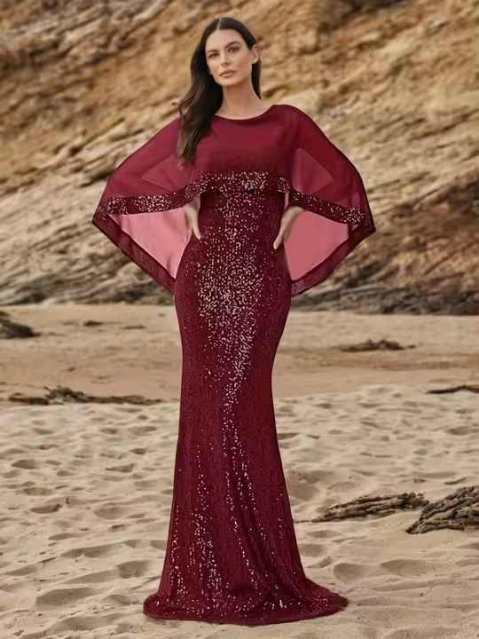 Vestido De Noche Romantic Burgundy Para Mujer Vestido De Boda Elegante De Encaje Y Spandex Sin Mangas Cuello En O Largo Floor-Length Formal Para Fiesta Y Comidas Elaborado En China - 1