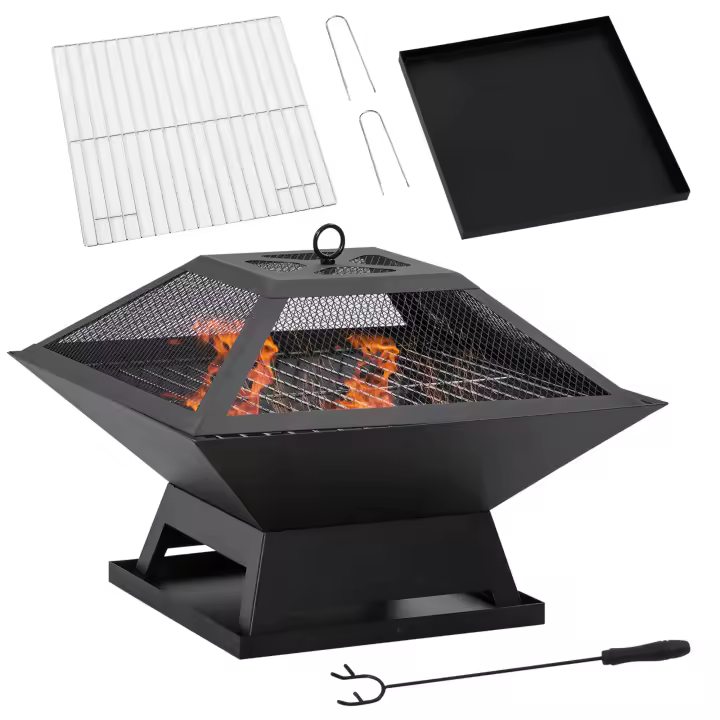 Outsunny Brasero Exterior de Acero Pozo de Fuego para Jardín Multifuncional con Protector de Chispas y Atizador para Barbacoa Hogueras en Terraza Camping 45x45x34 cm Negro - 1