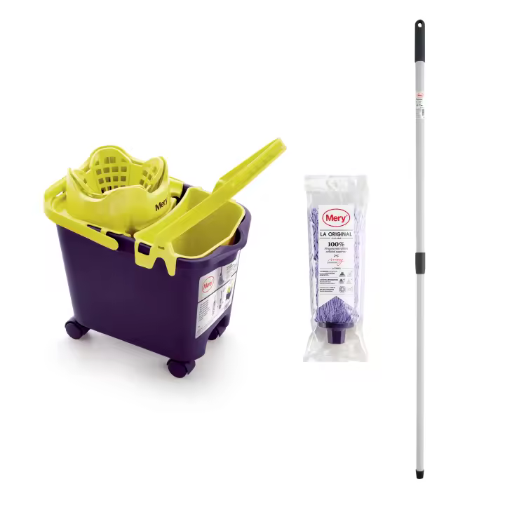 Mery Set Cubo con Fregona y Palo, Cubo Escurridor automático con Ruedas y Cubeta Multiusos Morado y Lima, 14 L, Fregona Microfibra Absorbente, Rosca Universal, Palo Telescópico de Acero Plastificado - 1