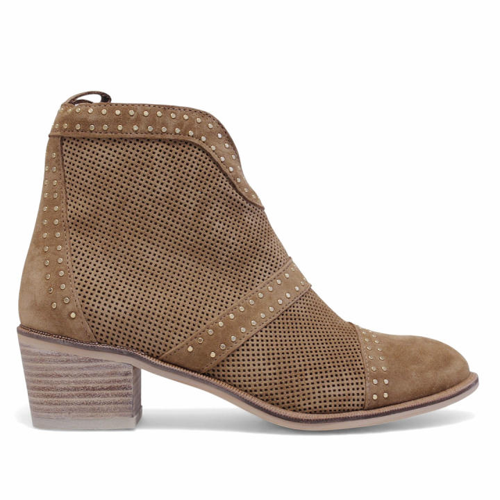 Brown alpe nelly heeled ankle boots with perforated suede and silver studs