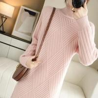 Abrini Suéter De Lana Mujer Otoño Invierno Vestido Elegante Lady Office Mock Neck Ribbed Solido A-Line Pullover De Cuello Alto - details 9