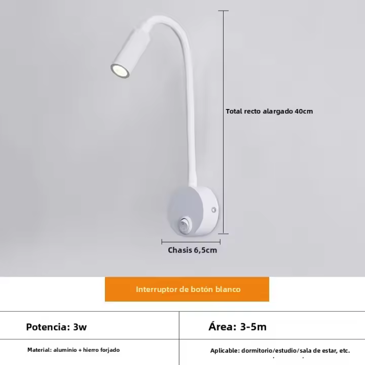 Lámpara De Pared LED 3W Con Cuello De Ganso Flexible Ajustable Con Interruptor Para Lectura Estudio Dormitorio 85-265V - 1