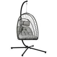 Outsunny Silla Colgante de Ratán Sillón Colgante Plegable con Cojín Reposacabezas y Marco de Acero Carga 100 kg para Interior y Exterior Gris Oscuro - details 0
