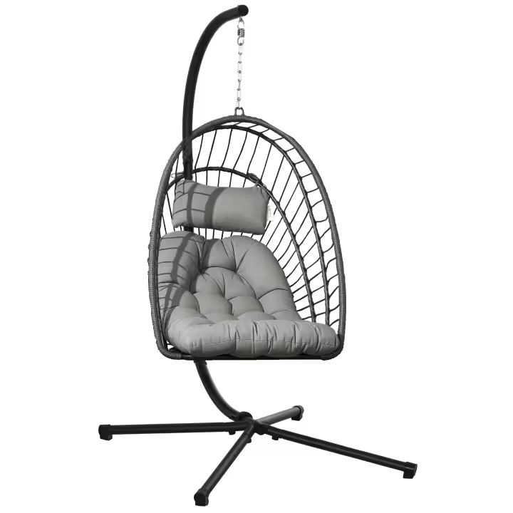 Outsunny Silla Colgante de Ratán Sillón Colgante Plegable con Cojín Reposacabezas y Marco de Acero Carga 100 kg para Interior y Exterior Gris Oscuro - 1