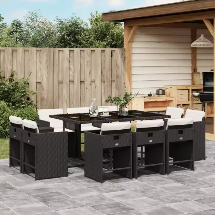 vidaXL Set de comedor jardín 11 pzas con cojines ratán sintético negro - 1