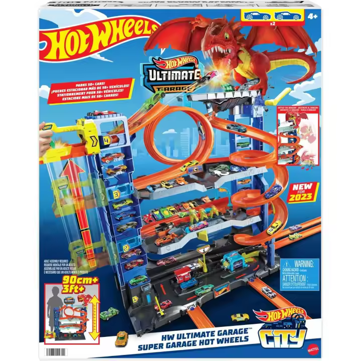 Hot Wheels City “Let's Race - ¡a Correr!” Netflix - Garaje definitivo Pista para Coches de Juguete con dragón y 4 Niveles, Incluye 2 vehículos, +4 años (Mattel HKX48) - 1