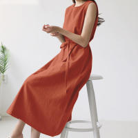 Vestido Largo De Verano Para Mujer Estilo Vintage De Algodón Y Lino Cuello Redondo Sin Mangas Cinturado Talla Grande Casual - details 14