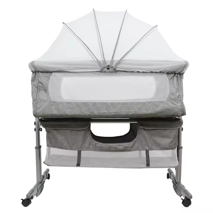 Aqrau Cuna para bebé, moisés, cama lateral, plegable, regulable en altura, con ruedas, mosquitera, 92*58*70-87cm, gris - 1