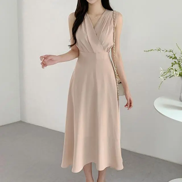 Vestido A-Line Sin Mangas Para Mujer REALEFT Elegante Con Cruz Frontal V-Neck Verano Casual Largo Cintura Imperio Sin Sastre - 1